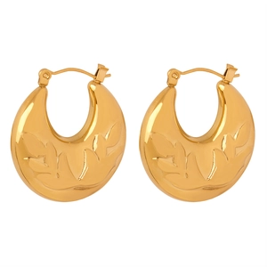 Elegant gold titanium hoop earrings featuring embossed leaf texture on a white background