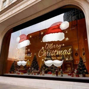 Christmas Window Clings Static Film Double Sided Santa Hat Mustache Merry Christmas Stars Decal Glass Shop Home Holiday Decor