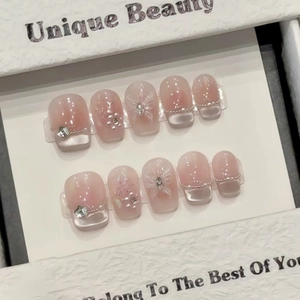 Handmade Press On Nails Pink Ombre Cat Eye French Tip With Butterfly Artificial Pearl Star Rhinestone ABS Plastic Nails