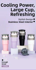 Detail of 1200ml stainless steel vacuum tumblers in four colors with portable handles