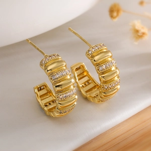 Elegant 18K gold plated C-shape hoop earrings with three rows of sparkling zircons