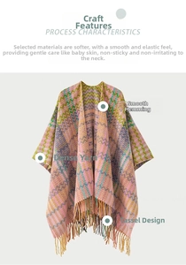 Detail of colorful ethnic knit shawl showing wavy patterns, fringe hem, and soft texture