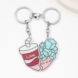 Magnetic acrylic couple keychain set with heart-shaped drink and ice cube charms