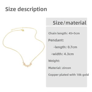 Detailed view of gold plated necklace with three pink zircon heart pendants and measurements
