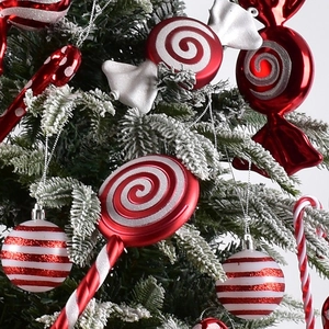 Christmas tree ornaments set featuring red and white striped candy canes and baubles