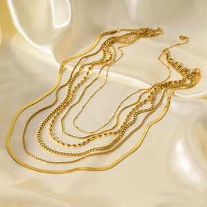 18K gold plated multi-layer necklace set with flat snake and bead chains on silk