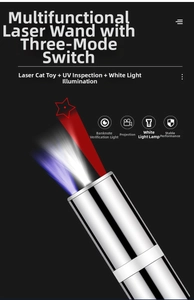 Three modes of metal laser cat toy showing red laser, UV light, and white LED lighting