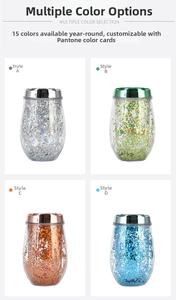 Detail of 10oz glitter double-walled tumbler cups in silver, green, orange, and blue colors