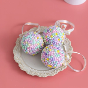 Pink and macaron foam Christmas balls ornament set in vintage ceramic plate