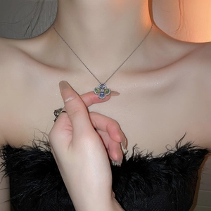 Chic four-leaf clover necklace with purple and green zircon stones on silver chain