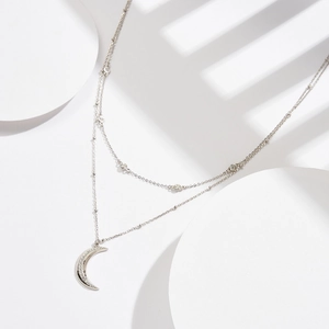 S925 sterling silver moon pendant necklace with cubic zirconia in a double-layer design