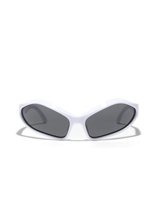 Futuristic white wrap-around sunglasses with sleek dark grey lenses for Y2K fashion style