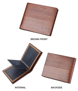 Detailed views of brown men's wallet with embossed texture and internal card slots