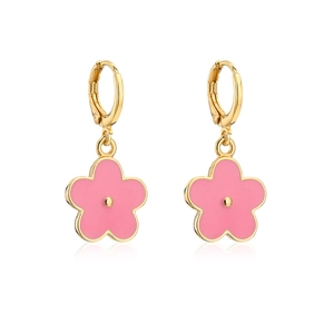 Detailed view of pink enamel flower earrings with 18K gold plated circular hoops
