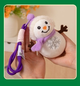 Close-up of plush snowman pendant with purple scarf and silver snowflake embroidery