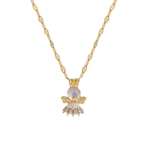 Elegant gold titanium angel necklace featuring opal beads and zircon wings on white background
