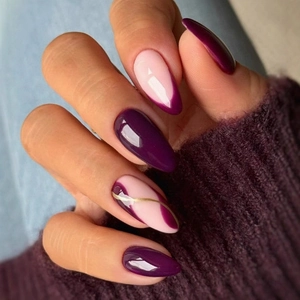 Long Almond Press On Nails Deep Purple Nude Pink Gold Stripe Glossy False Nails Full Cover Manicure For Women