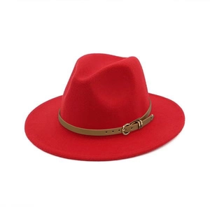 Red wool fedora hat featuring a brown leather belt with a gold metal buckle detail