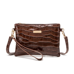 Classic dark brown crocodile pattern crossbody bag with adjustable strap and wristlet