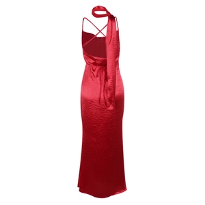 Detail view of the elegant red satin maxi dress with cross-back straps and long neck ties