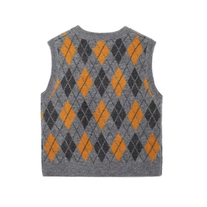 Flat lay back view of Argyle knit vest in grey, charcoal, and orange textured fabric