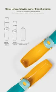 Detail view of 300ml and 480ml portable pet water bottles with foldable drinking troughs