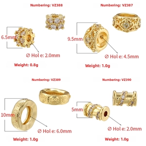 Detailed size chart for gold-plated wheel spacer beads with cubic zirconia settings