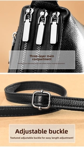 Detail of genuine leather bag showing three-layer metal zippers and adjustable buckle