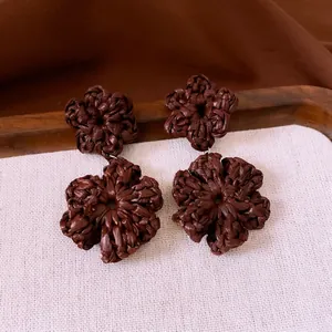 Handmade Woven Flower Drop Earrings Vacation Boho Brown Floral Jewelry With Silver Earring Post For Women