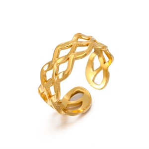Bague réglable en acier inoxydable plaqué or 18 carats avec motif texturé à mailles tressées
