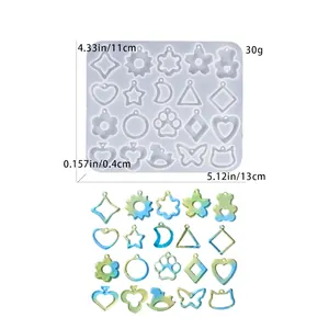 Detailed 20-cavity silicone mold with dimensions showing various pendant shapes and sizes