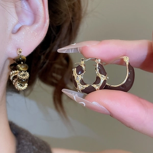 Detail of vintage earrings with brown tiger eye beads and gold-toned hoop finish