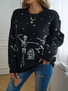 Women's black crewneck knit sweater featuring white Halloween skull and star jacquard patterns