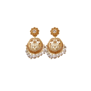 Vintage gold earrings with crystal flowers and pearl tassels on a white background