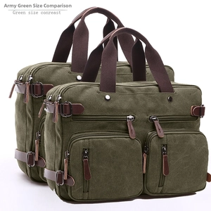 Size comparison of army green canvas business bags with handles and dual zipper pockets