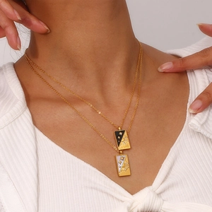 Double-layer 18K gold-plated necklace with sun and moon rectangular tarot card pendants
