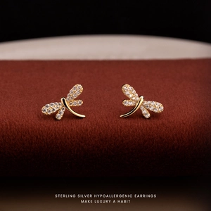 Dragonfly Stud Earrings With 925 Sterling Silver Earring Post 18K Gold Plated Zircon Elegant Ins Style For Women