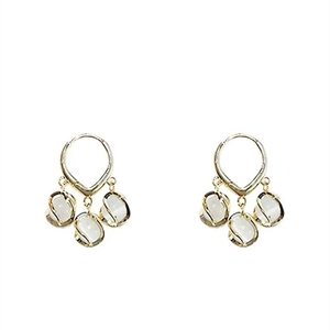 Elegant gold metal earrings featuring triple synthetic opal pendants on a white background