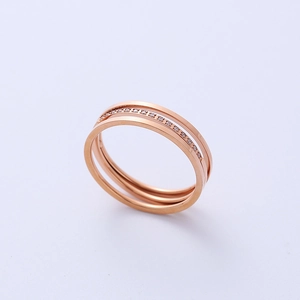 Three-layer stacked rose gold plated stainless steel ring featuring brilliant paved zircons
