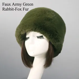 Detail of Army Green faux rex rabbit and fox fur material on warm Russian style hat