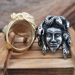 Punk style Medusa head rings in gold and silver finish, stainless steel vintage design