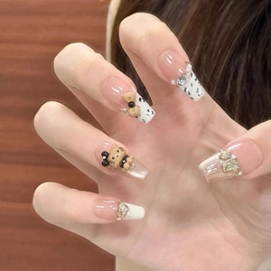 Faux Ongles Longs Coffin Faits À La Main Style Français Strass Künstliche Perle De Culture Résine Doux Pour Femmes