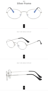 Three angles of vintage oval metal sunglasses with silver frames and black temple tips