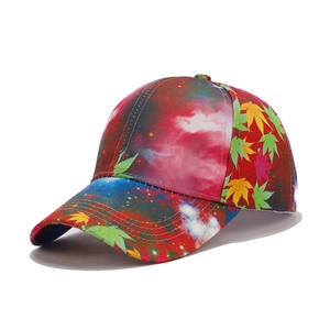 Baseball cap with colorful maple leaf patterns on a starry galaxy background print