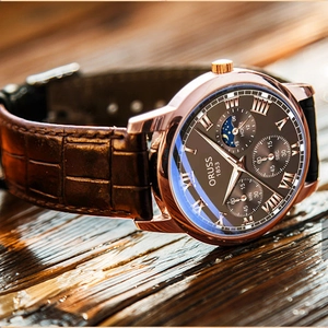 Luminous business men's quartz watch with rose gold case and brown leather strap