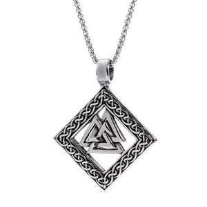 Detailed view of silver Viking Valknut pendant with diamond frame and Celtic knot edges