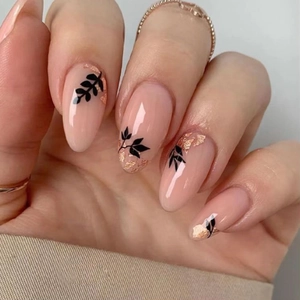 Almond Press On Nails Nude Pink With Black Leaf Pattern And Gold Foil Elegant Minimalist For Women