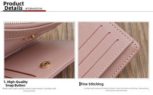 Detail of pink leather wallet showing premium gold snap button and precise white stitching