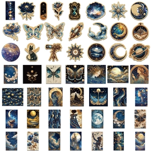 50pcs Golden Universe stickers featuring celestial steampunk moon and butterfly designs