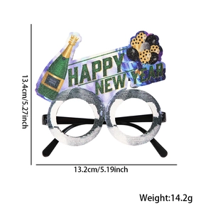 2026 Happy New Year party glasses in black and gold glitter with size measurements